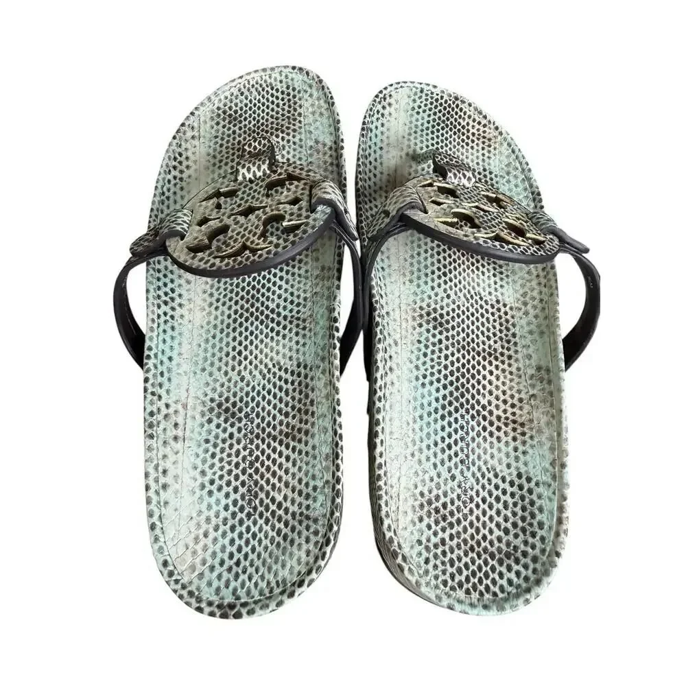 NEW Tory Burch Miller Cloud Lug Sandals Snake Print Leather Thong Slides US 9.5